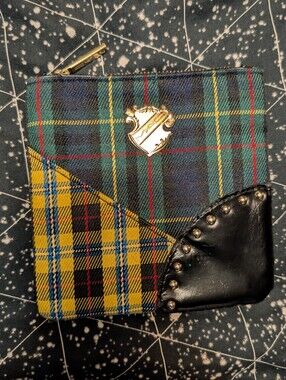 MAC Plaid Patchwork Zip Pouch with Studded Leather Accent - Green, Yellow, Black